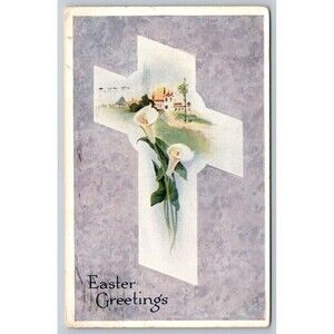 Postcard Easter Greetings Cross Lilies Church Gibson Posted 1919 Pottsville PA